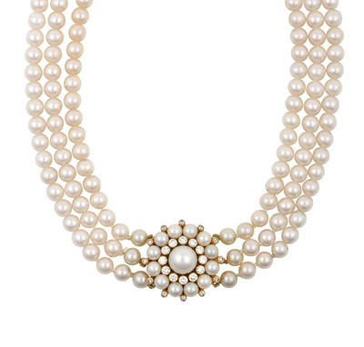 Lot 2348 - A Triple Row Cultured Pearl Necklace, with A...