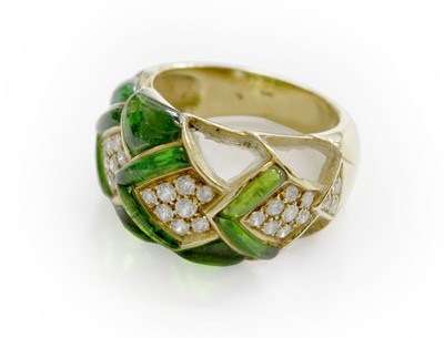 Lot 266 - A Green Stone and Diamond Ring, chevron shaped...