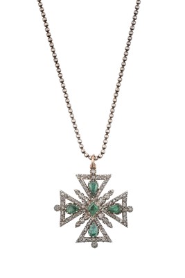 Lot 2367 - An Emerald and Diamond Pendant on Chain, circa...