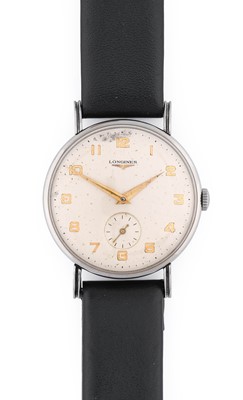 Lot 2418 - Longines: A Stainless Steel Wristwatch, signed...