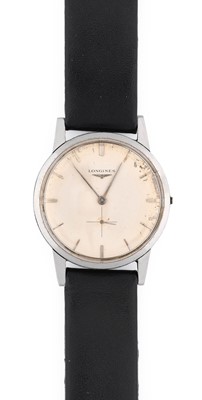 Lot 2421 - Longines: A Stainless Steel Wristwatch, signed...