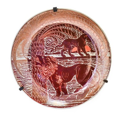 Lot 103 - Lion and Lioness: A Maw and Co Ruby Lustre...