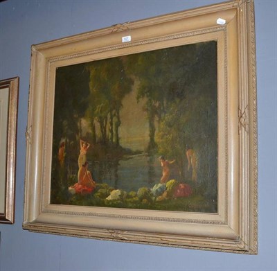 Lot 827 - British School (early 20th century) Female figures bathing at a wooded lake, indistinctly...