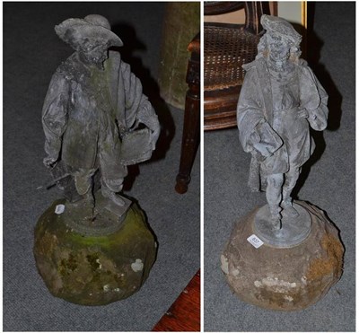 Lot 837 - A pair of 19th century spelter garden figures of Cavaliers on stone mounts