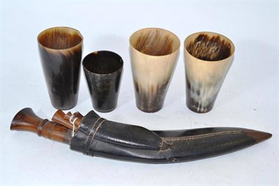 Lot 4 - Four horn beakers and a Kukri knife