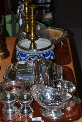Lot 24 - A silver bottle, coasters, a silver hairbrush, spoons, a Wedgwood salad bowl, a quantity of...
