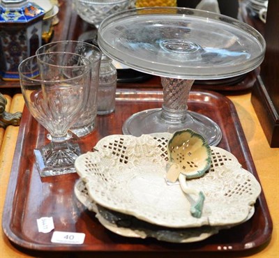 Lot 40 - Pair of salt glazed pierced plates, pottery ladle, glass comport, rummer on square base and...