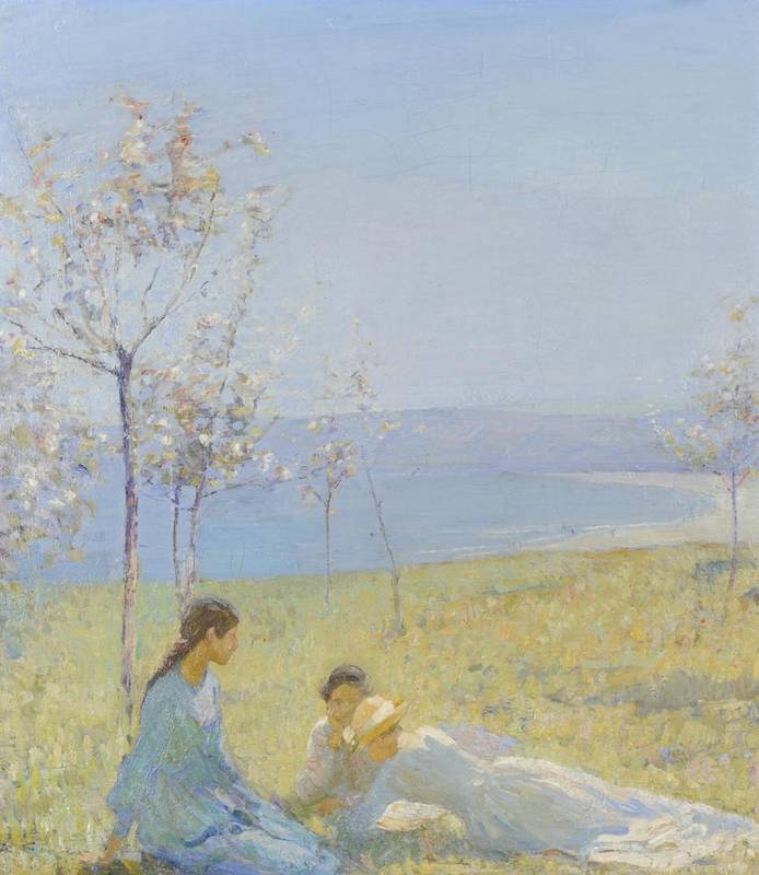 Lot 687 - Mark Senior NPS (1862-1927) Girls on the headland above Runswick Bay  Signed, oil on canvas,...