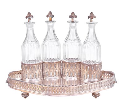 Lot A French Silver Decanter-Stand and Four Silver-Mounted Cut-Glass Bottles