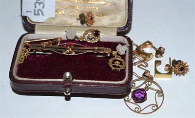 Lot 54 - A pair of 9ct gold earrings, two pairs of earrings, an Art Nouveau pendant on chain and a bar...