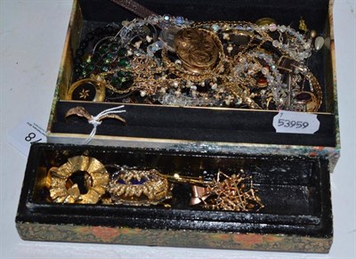 Lot 78 - A quantity of costume jewellery including beads, brooches, watches, etc and a 9ct gold buckle...