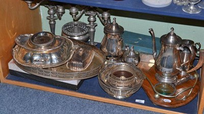 Lot 85 - A shelf of silver plated ware including an oak kidney shape tray with plated wirework gallery,...
