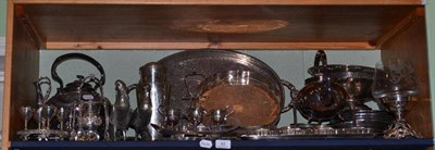 Lot 92 - A shelf of silver plated ware including galleried trays, cake dishes, comports, tea kettle,...
