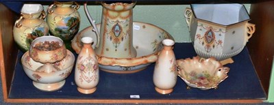 Lot 96 - A shelf of ceramics including a Crown Devon toilet ewer and basin, a pair of landscape...
