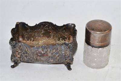 Lot 105 - Embossed silver rectangular dish (with import marks), (a.f.) and a cut glass scent bottle with...