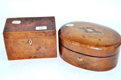 Lot 111 - Walnut oval inlaid hinged sewing box (interior a.f.) and yew wood tea caddy (2)