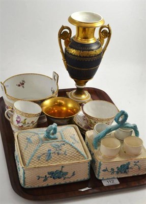 Lot 112 - Dresden pail decorated with roses, Dresden tea cups and saucers, Sèvres cup decorated with...