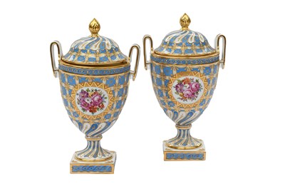 Lot 87 - A Pair of Dresden Porcelain Twin-Handled Urns...