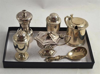 Lot 159 - Pair of silver pepperettes, two silver mustards, silver caddy spoon and plated pepper grinder