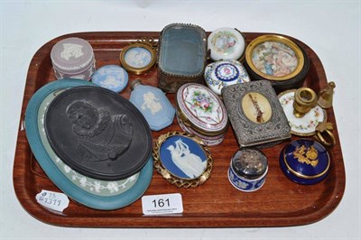 Lot 161 - Jasperware plaque of a maiden set in to a brooch fitting, scent bottle, various Jasper plaques,...