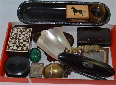 Lot 166 - Small box of collectables including snuff box, heart shaped box and cover, daguerreotype, spectacle