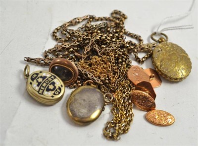 Lot 167 - Memorium locket and brooch, pair of 9ct gold cufflinks, chains etc