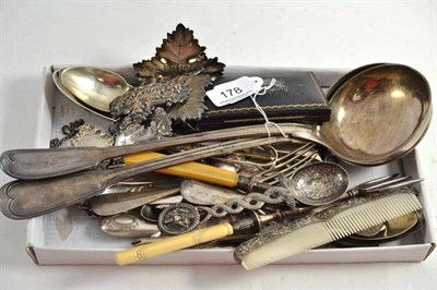 Lot 178 - Silver flatware, silver and plated spirit labels, pair of plated ladle etc