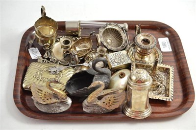 Lot 180 - Silver and plated items including chambersticks, matchbox, cream jug, funnel, Georgian silver...