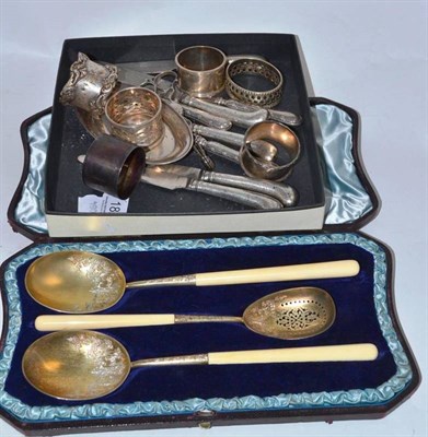 Lot 182 - Set of three Victorian silver gilt and ivory service spoons, vase and a small quantity of...