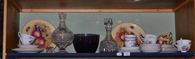 Lot 183 - A shelf including cut glass decanters and stoppers, Ainsley Harrogan Wedgwood part tea wares,...