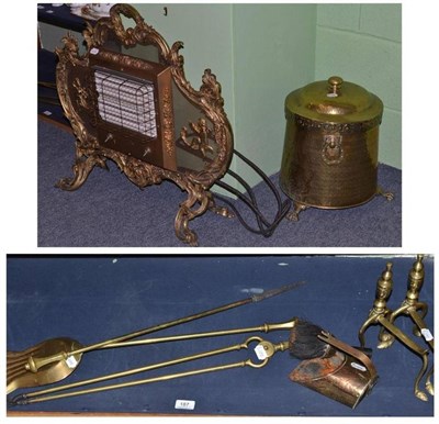 Lot 187 - A brass oval basket, fire irons and electric fire (sold for decorative purposes only)