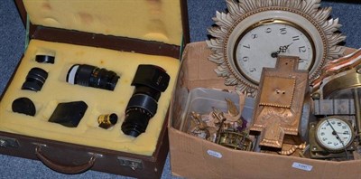 Lot 196 - A quantity of clock parts, cases and movements and a case of assorted Japanese camera lenses etc