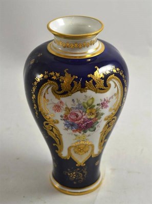 Lot 199 - A Royal Crown Derby baluster vase in blue and gilt, with a floral painted panel, signed Wood