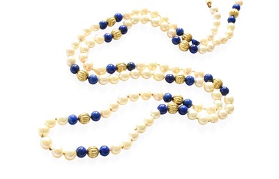 Lot 373 - A Cultured Pearl and Lapis Lazuli Necklace,...