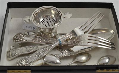 Lot 208 - Silver tea strainer and flared small dish, flatware etc