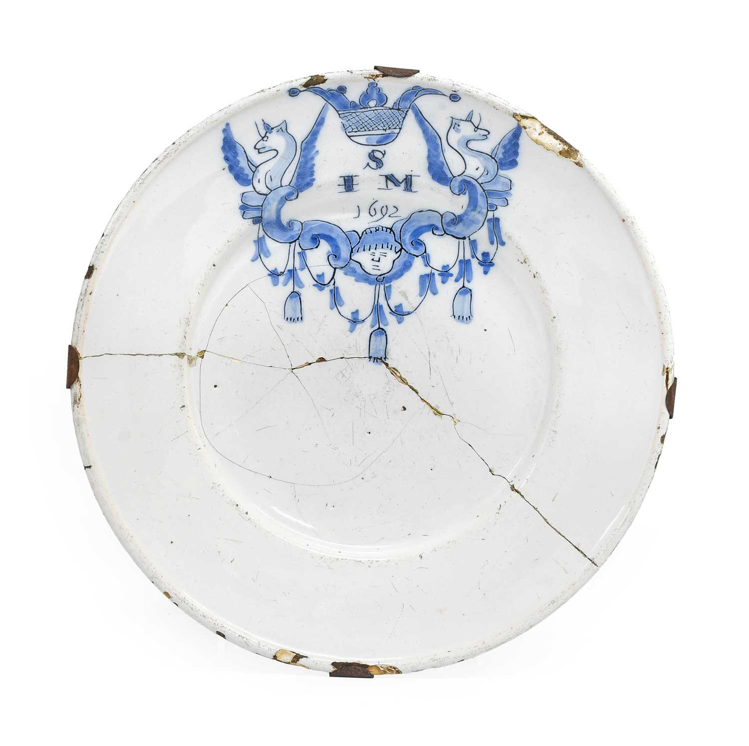Lot 89 - A Dutch Delft Marriage Plate, dated 1692,...