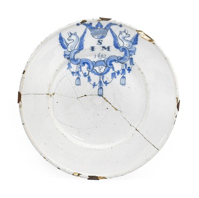 Lot 89 - A Dutch Delft Marriage Plate, dated 1692,...