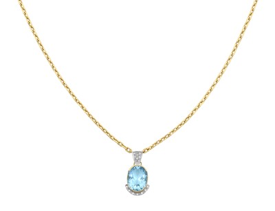 Lot 2284 - A Blue Topaz and Diamond Pendant on Chain the...