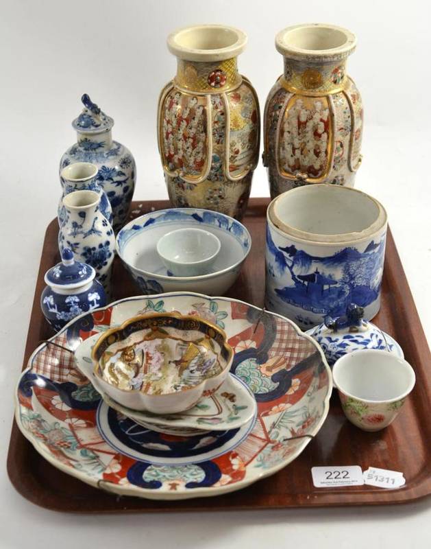 Lot 222 - Pair of Satsuma pottery vases, Imari dish, blue and white Chinese jar (lacking cover), 18th century