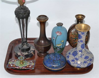 Lot 229 - Small Japanese bronze vase, two cloisonné vases and a table lamp signed M le Verrier