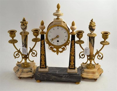 Lot 231 - Marble mounted mantel clock with enamel dial and a pair of marble mounted candelabra (3)