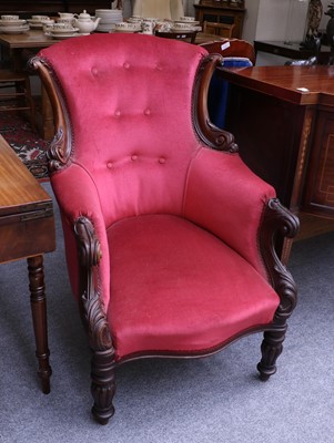 Lot 1272 - A Victorian Button Back Armchair with carved...