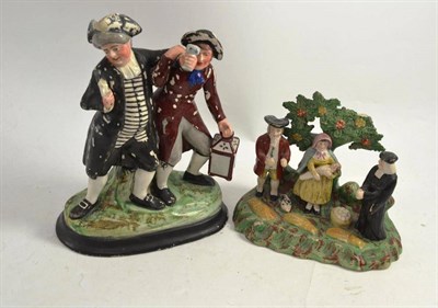 Lot 240 - A 19th century Staffordshire pottery figure group of the parson and the night watchman and...