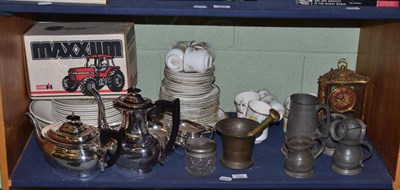 Lot 253 - A shelf including a Viners four piece plated tea service, Poole pottery, a Maxxum model...