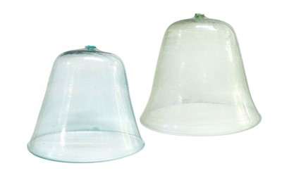 Lot 128 - A Near Pair of Victorian Green Glass Cloches,...