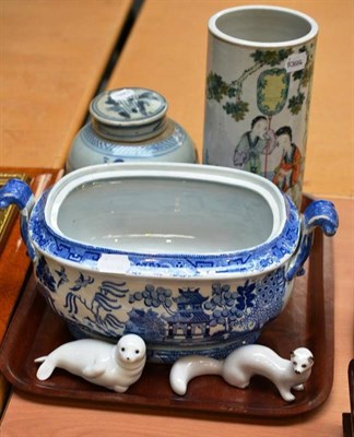 Lot 278 - Blue and white pottery tureen, Chinese cylindrical vase, blue and white ginger jar and cover