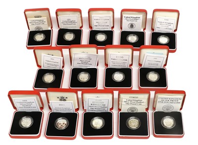 Lot 378 - 14x UK, Silver Proof Piedfort One Pound Coins;...