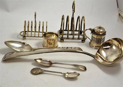 Lot 281 - Plated ladle, silver serving spoon, condiments, toast racks etc