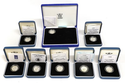 Lot 385 - 8x UK, Silver Proof One Pound Coins; all...