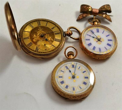Lot 285 - Two fob watches with cases stamped 14k and another yellow metal fob watch (3)